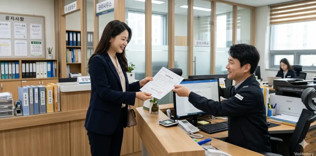 관리사무소에서 장기수선충당금 납부확인서를 발급받는 모습