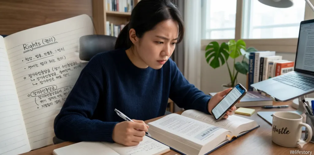 법률 정보를 검색하며 집주인 거부에 대처하는 전략을 짜는 모습