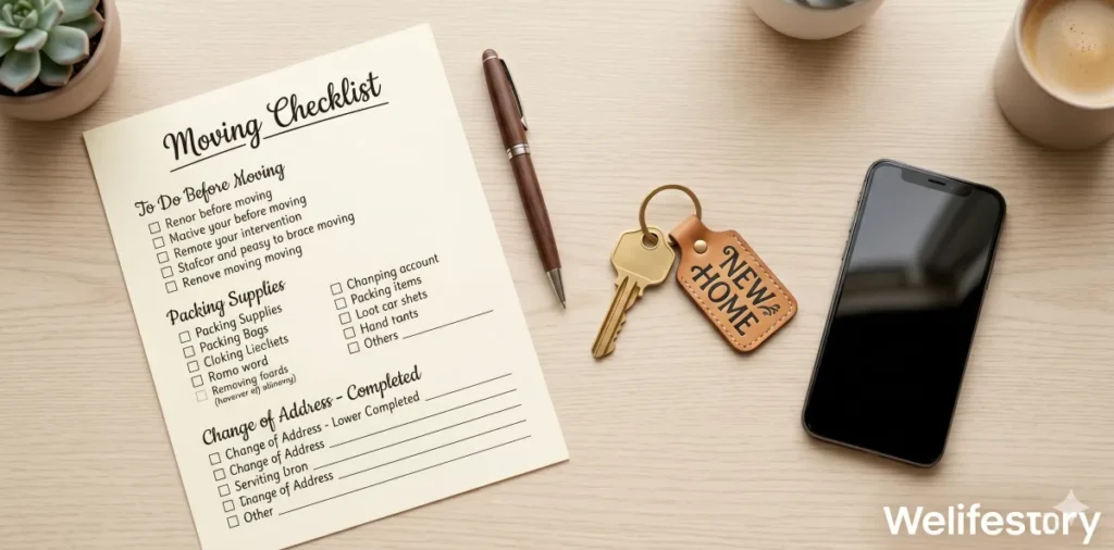 이사 후 마무리해야 할 체크리스트와 새 집 열쇠가 놓여진 모습