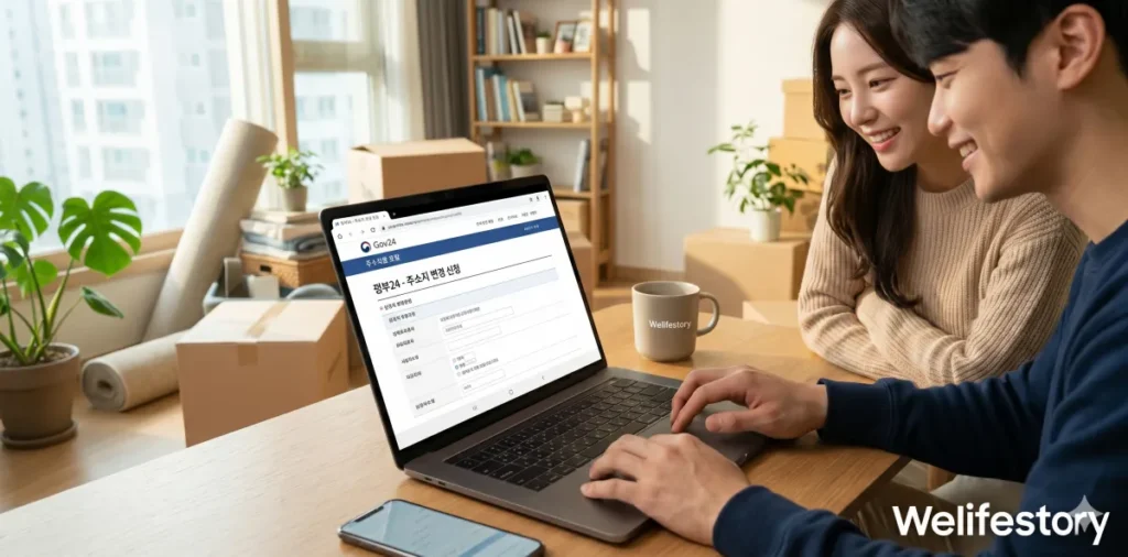 책상 위 노트북으로 공공 민원 포털 주소 변경 서비스에 접속 중인 모습