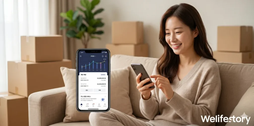 소파에 편하게 앉아 휴대폰으로 금융권 주소지를 일괄 수정하는 모습