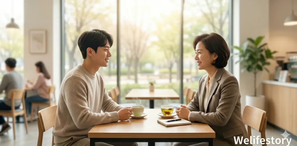 카페에서 차를 마시며 집주인과 전세권 설정 합의 협상하는 모습