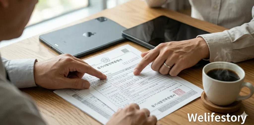 책상 위 서류의 핵심 수치를 손가락으로 가리키는 모습