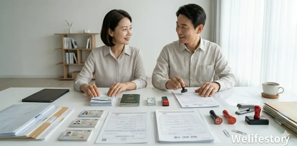 탁자 위에 인감과 서류들을 정갈하게 정리해둔 모습