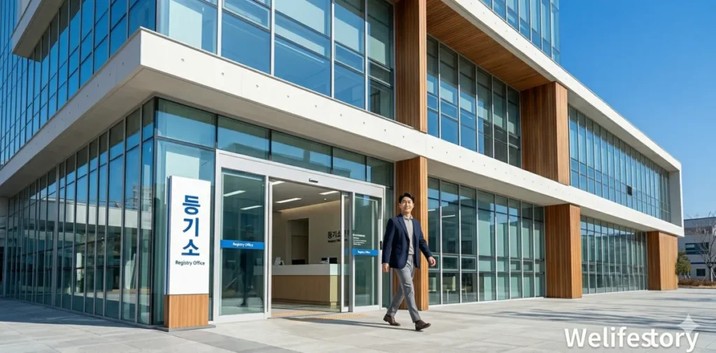 밝은 대낮에 등기소 건물에서 업무를 마치고 나오는 모습