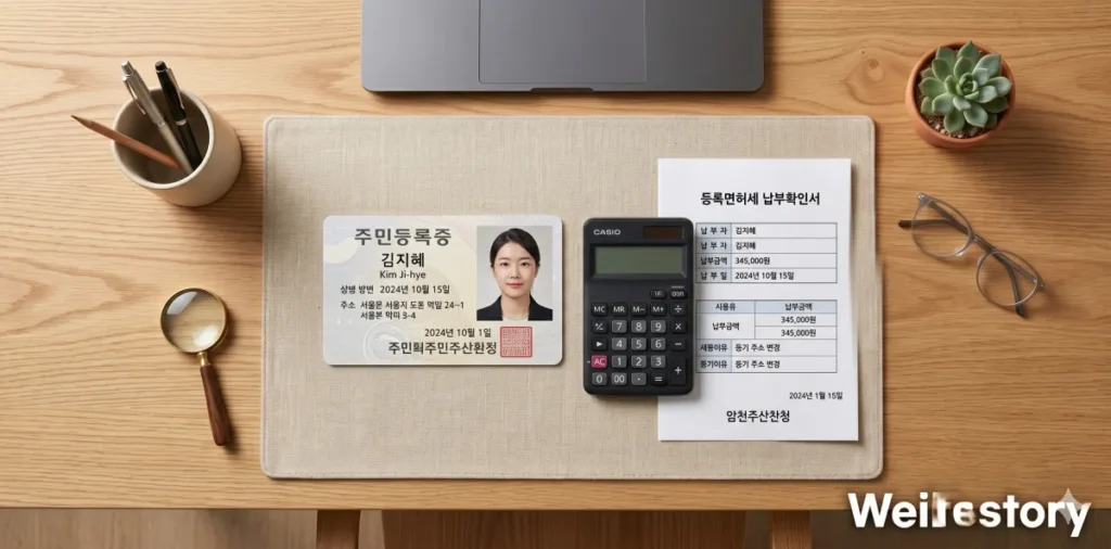 등기부등본 주소 변경 안 하면 생기는 불이익 및 법적 리스크 6 주소 변경 등기 의무 이행 위한 신분증과 등록면허세 영수증이 책상 위에 정렬된 모습