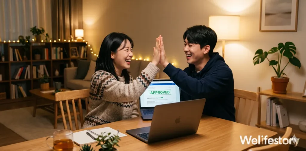 버팀목 대출 서류 보완 요청 즉시 대응 리스트 및 제출 팁 7 버팀목 전세자금대출 준비 서류 최종 승인 메시지를 보고 기뻐하며 축하하는 모습