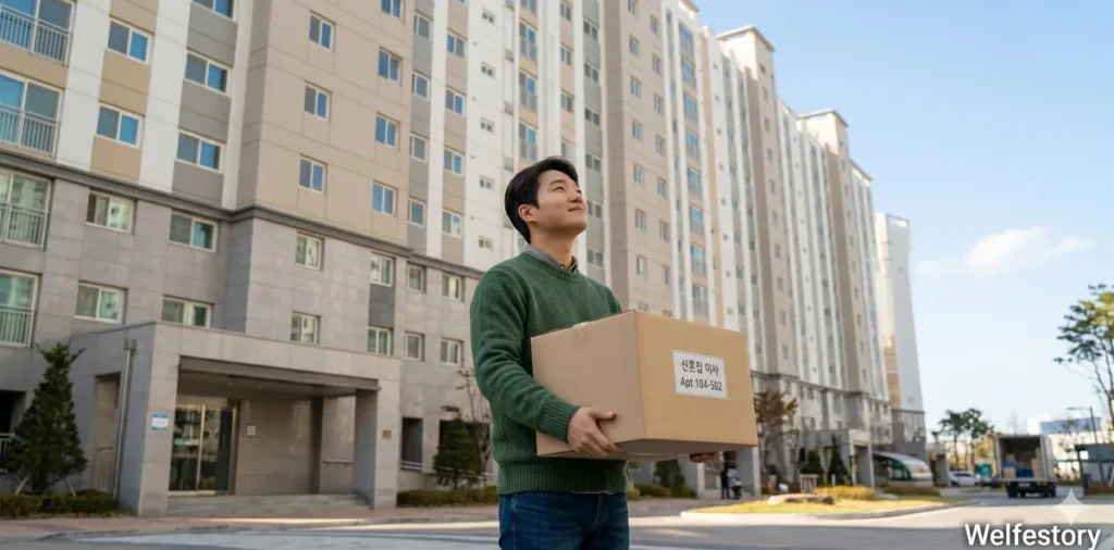 이삿짐 상자를 들고 새 아파트 단지 앞에 서 있는 모습