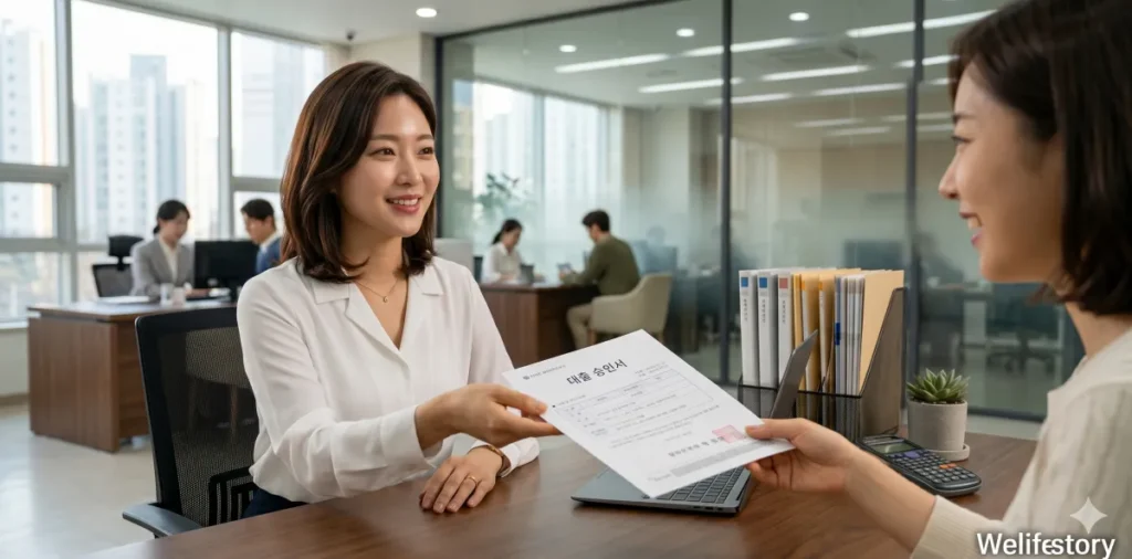 은행원이 대출 승인 서류를 전달하며 웃는 모습