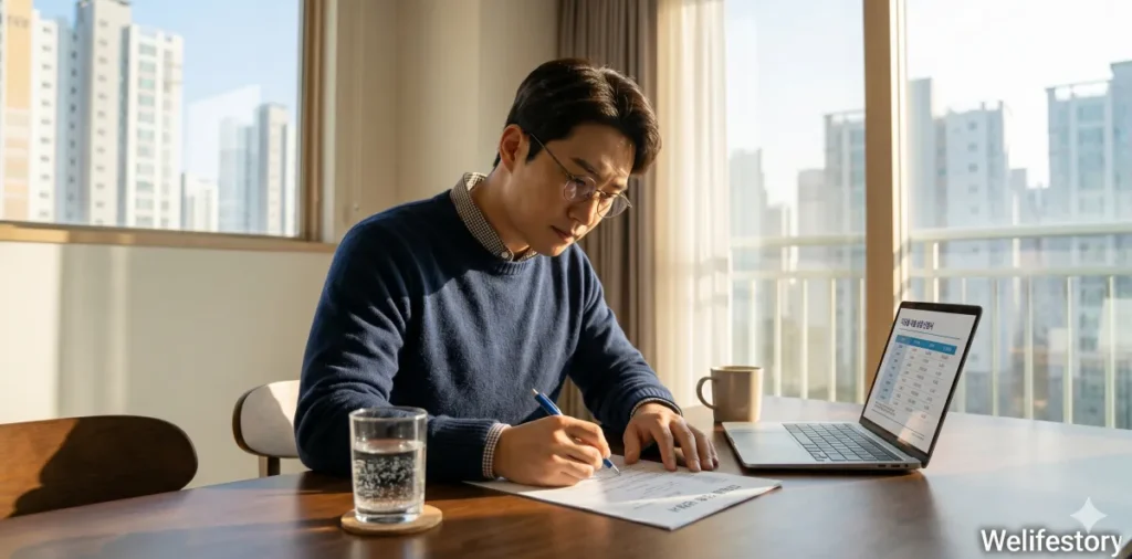 미혼 가구가 내집마련 대출 조건을 서류를 꼼꼼히 읽고 있는 모습