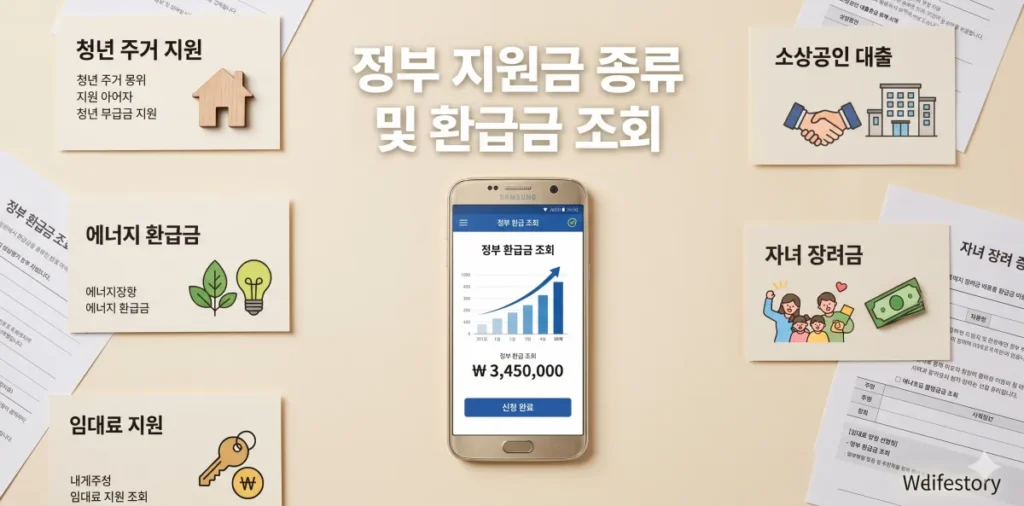 정부 지원금 종류 안내 및 모바일 자산 조회 화면 모습