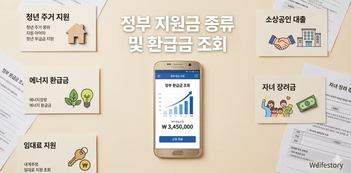 정부 지원금 종류 안내 및 모바일 자산 조회 화면 모습