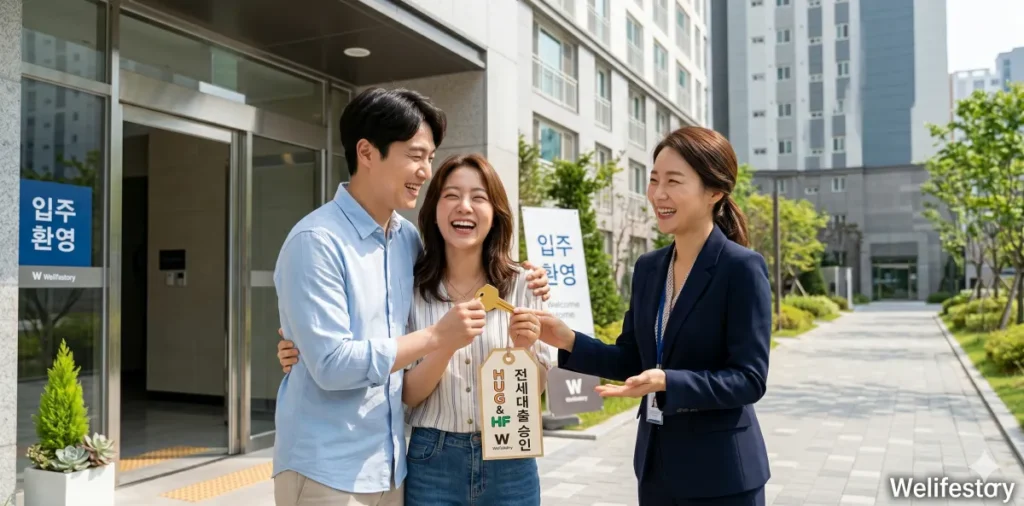 새 아파트 단지 앞에서 집 열쇠를 들고 대출 승인을 기뻐하는 부부의 모습