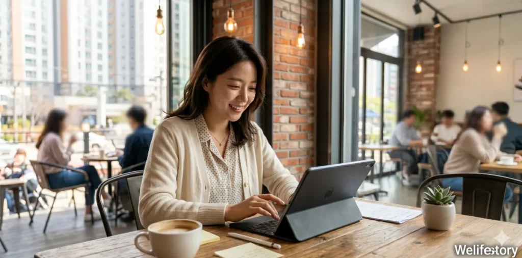 카페에서 태블릿을 통해 무직자 전세대출 승인 결과를 확인하는 모습