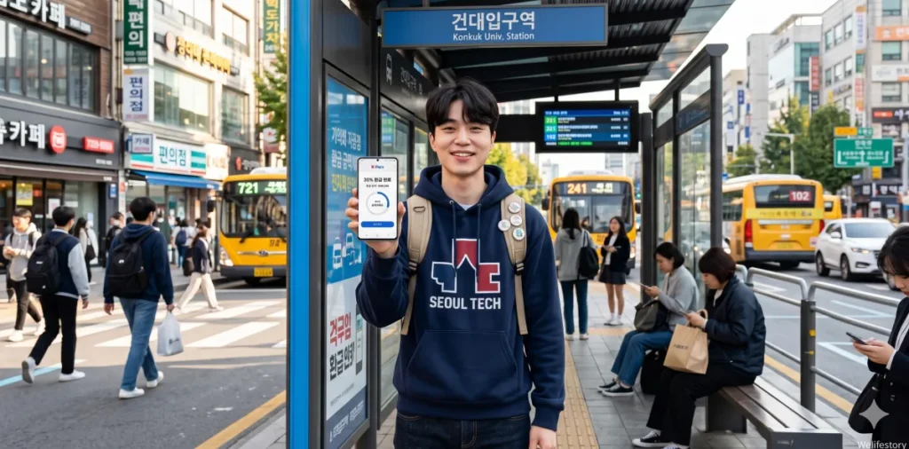 K-패스 환급 신청 방법 및 카드 발급 적립금 정산 가이드 4 버스 정류장에서 청년 할인 환급률이 적힌 앱 화면을 보여주는 모습