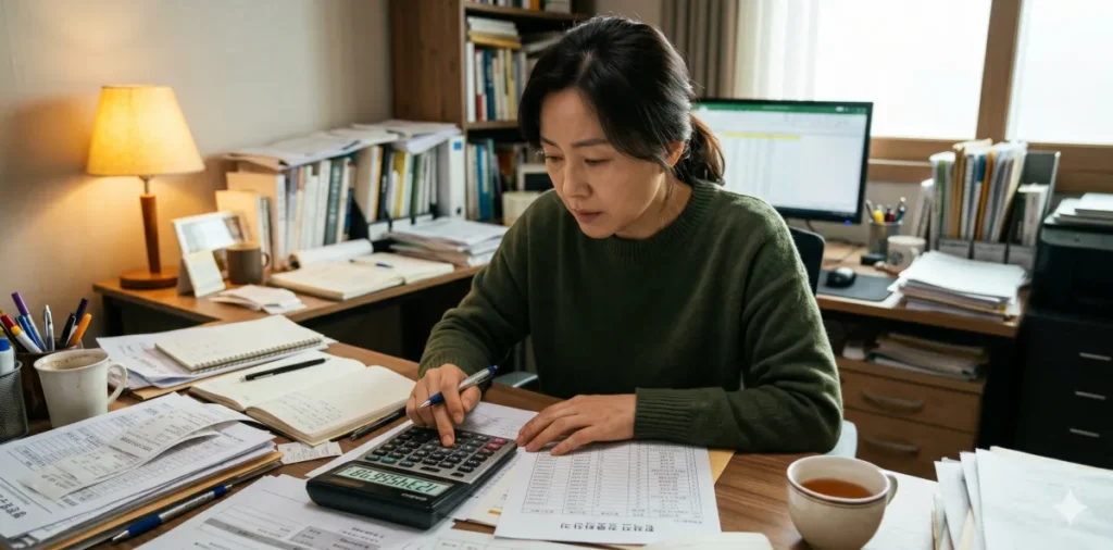 개인회생 새출발기금 차이 및 신용회복 장단점 완벽 비교 4 복잡한 개인회생 새출발기금 차이 조건을 계산기로 꼼꼼히 두드리며 비교해 보는 모습