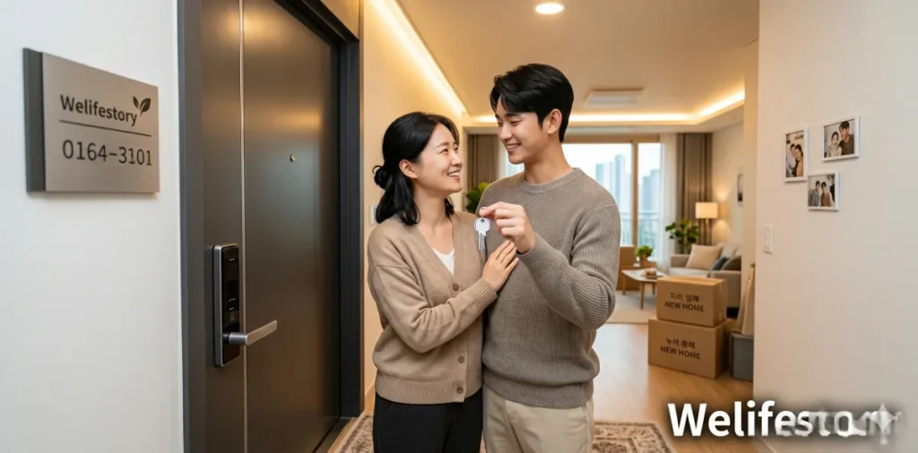 SH 장기전세주택 공고 확인 및 공공임대 당첨 확률 높이는 비결 7 입주 대기자 순번 조회 후 당첨되어 열쇠를 들고 밝게 웃으며 마주 보는 부부의 모습