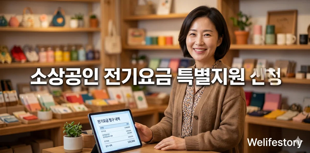 소상공인 전기요금 특별지원 신청을 완료하고 환하게 웃고 있는 매장 점주의 모습