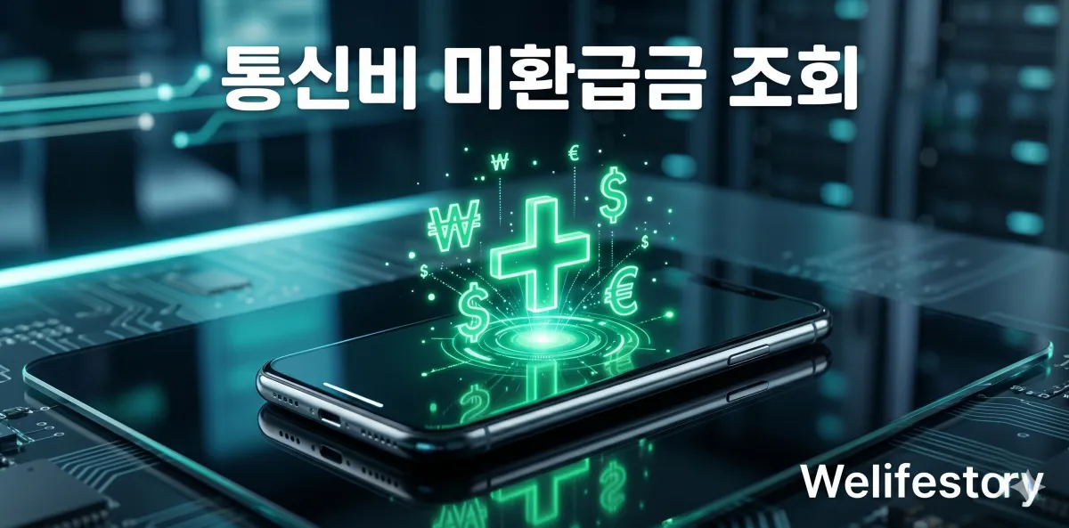 통신비 미환급금 조회 글자 타이틀과 환급 및 플러스 기호가 떠 있는 최신 스마트폰의 모습