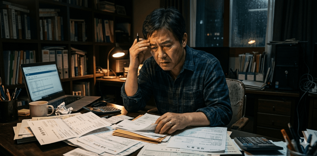 신용회복위원회 비협약 채무 때문에 고지서를 보며 고민하는 모습