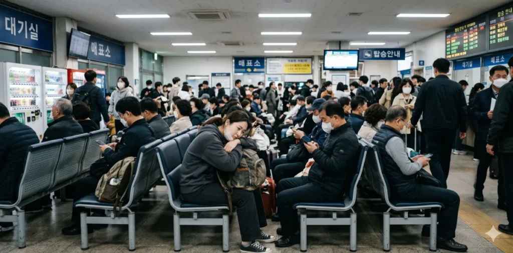 무작정 신용회복위원회 당일 방문 후 긴 대기 시간에 지쳐 의자에 앉아있는 모습