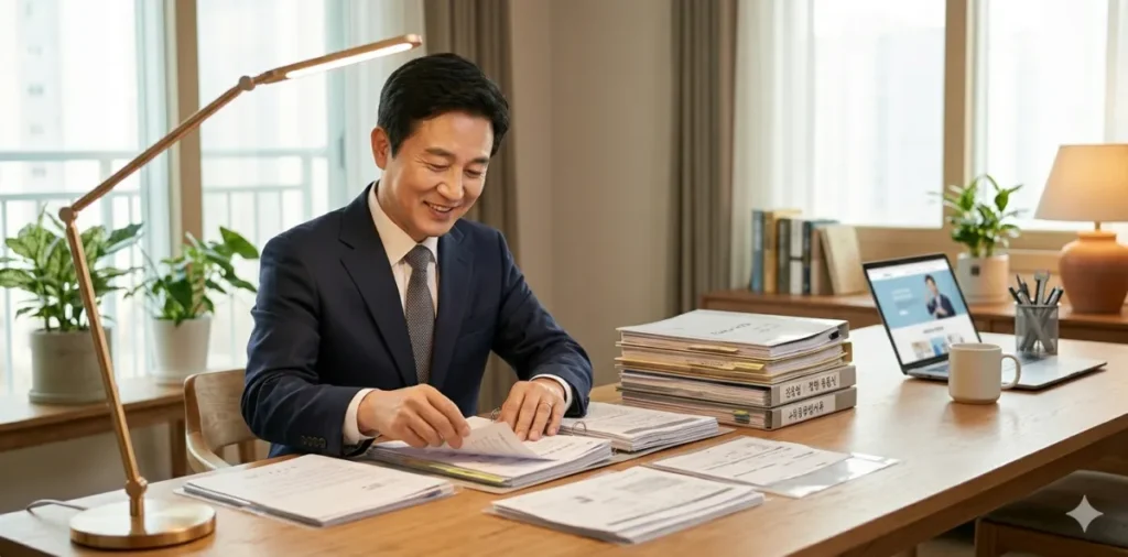 완벽하게 준비된 신용회복위원회 방문 서류 종류를 책상 위에 모두 올려놓고 정리하는 모습