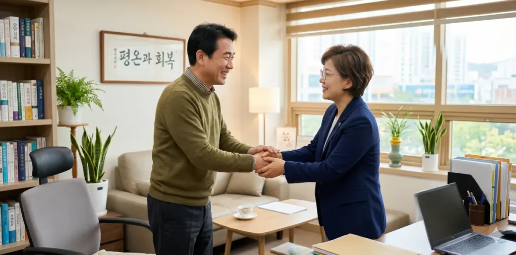 모든 신용회복위원회 상담 예약 절차를 무사히 마친 후 담당 직원과 가벼운 미소로 악수하는 모습
