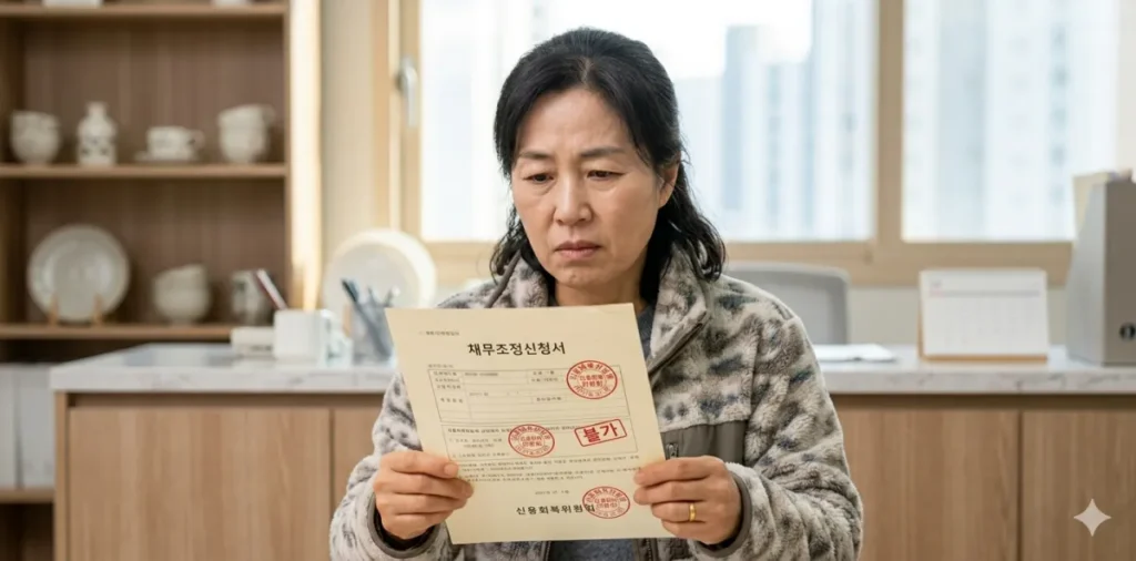 신용회복위원회 부적격 통보를 의미하는 빨간 도장이 찍힌 서류를 본 모습