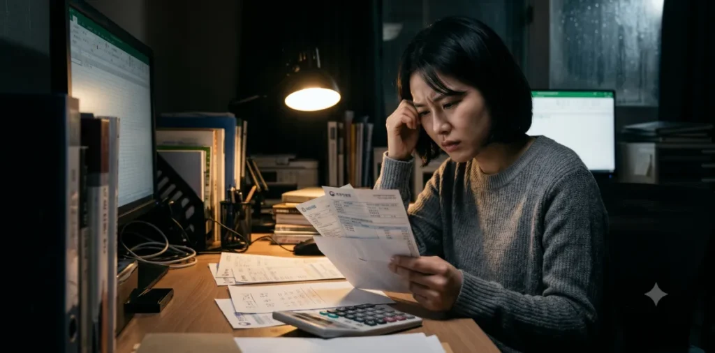 신용회복위원회 비협약 채무 때문에 고지서를 보며 고민하는 모습