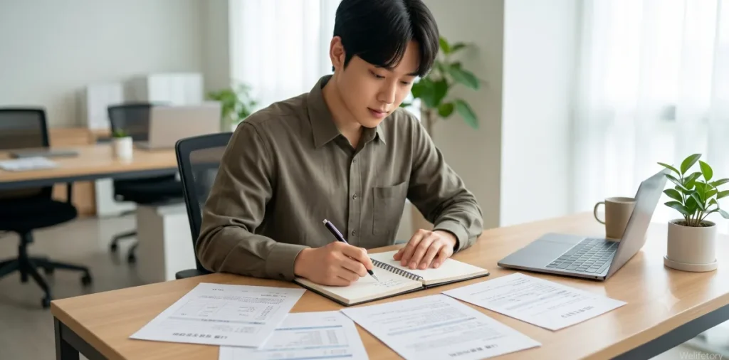 신용회복위원회 비협약 채무 목록을 종이에 적으며 분석하는 모습