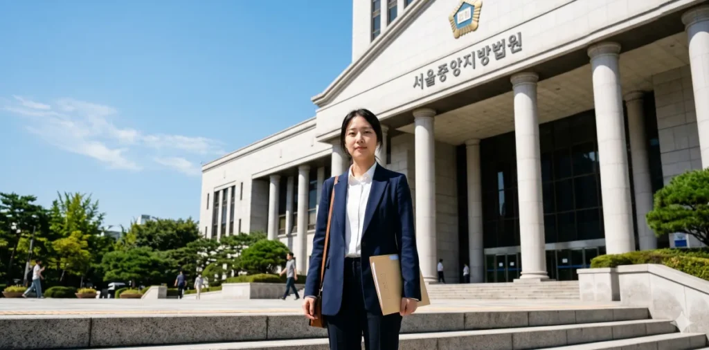 새출발기금 통장 압류 해제 및 채권 추심 중단 시점 가이드 4 관할 법원 앞에서 새출발기금 통장 압류 해제 관련 신청 서류를 준비하는 모습