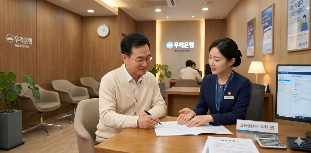 새출발기금 승인 후 신용카드 발급 가능 시점과 방법 정리 4 은행 창구에서 새출발기금 승인 후 신용카드 발급 시기 상담을 하는 모습