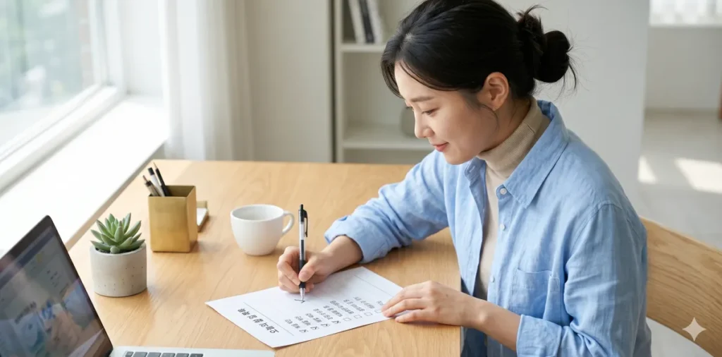 새출발기금 채무조정 조건 자가 진단을 위해 책상에서 문서를 상세히 체크하는 모습