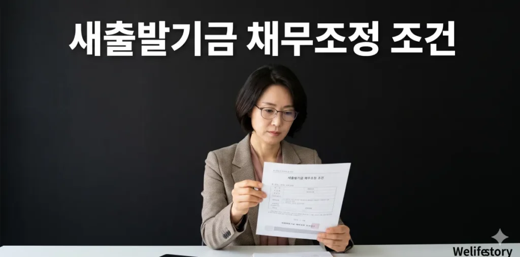 새출발기금 채무조정 조건 내역과 원금 감면 심사 기준을 진지하게 점검하는 모습