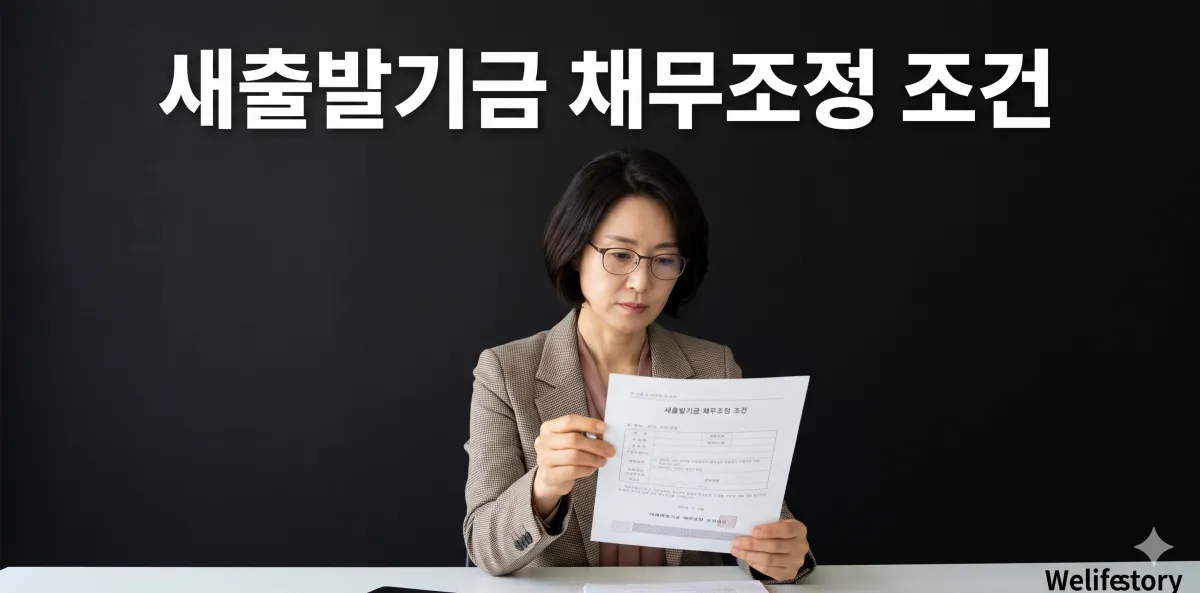 새출발기금 채무조정 조건 내역과 원금 감면 심사 기준을 진지하게 점검하는 모습