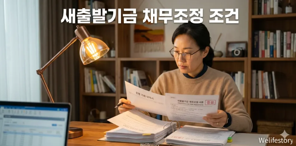 새출발기금 채무조정 조건 심사를 위해 복잡한 금융 서류를 세밀하게 살펴보는 모습