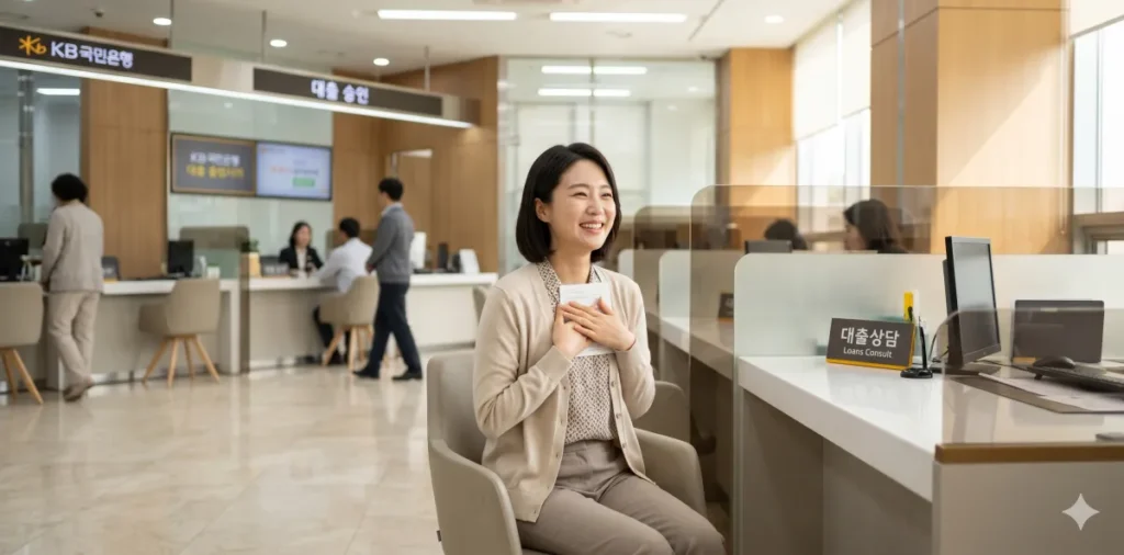 새출발기금 채무조정 조건 승인 문자를 은행에서 확인하고 크게 안도하며 웃는 모습