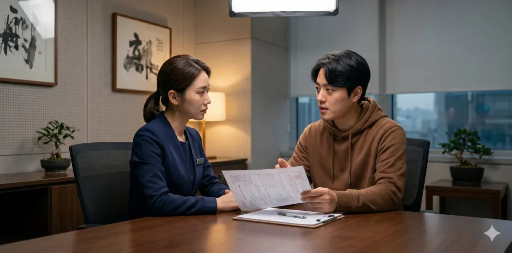 새출발기금 제외 채무 조건인 주택담보대출 문제로 은행원과 심각하게 대화하는 모습
