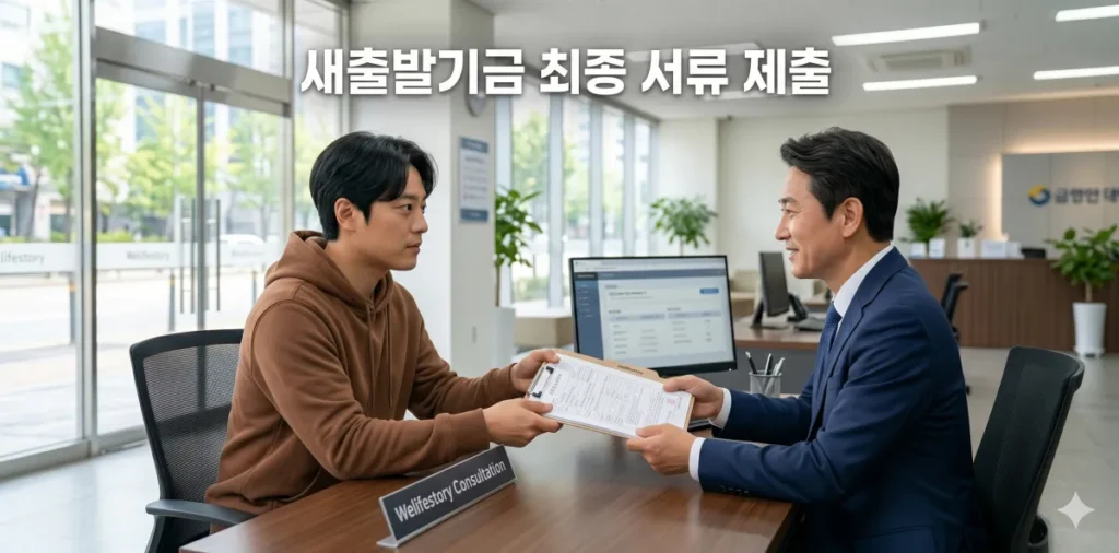 새출발기금 제외 채무 대안을 찾아 전문가에게 서류를 건네며 진지하게 상담하는 모습