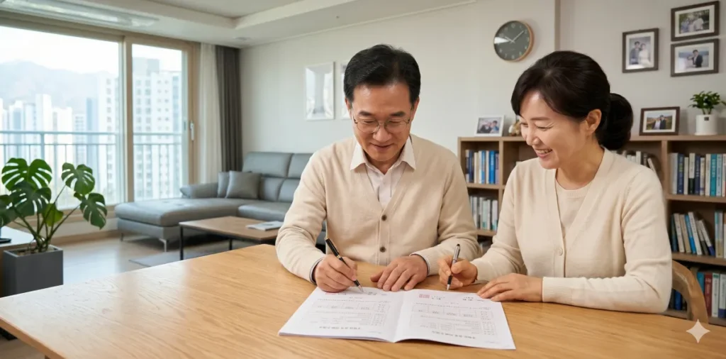 새출발기금 가족 불이익 배우자 신용등급 및 재산 피해 정리 5 부부가 공동명의 재산 관련하여 새출발기금 배우자 재산 지분을 나누어 적는 모습