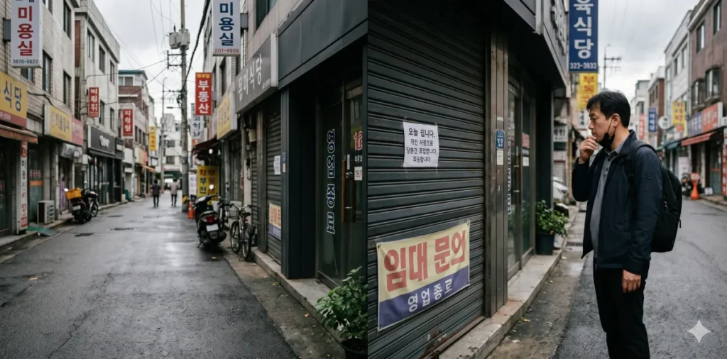 새출발기금 재신청 조건 기폐업자 및 개인회생 이력자 가이드 3 영업을 완전히 종료하고 굳게 닫힌 가게 간판을 바라보며 새출발기금 재신청을 고민을 하는 모습