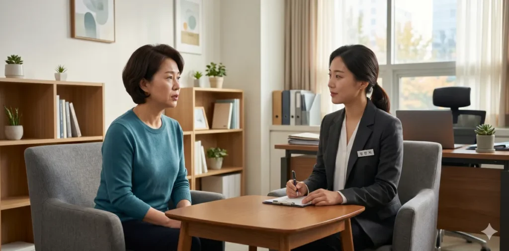 새출발기금 원금 탕감 절차를 진행하기 위해 전문가와 심층 상담을 받는 모습