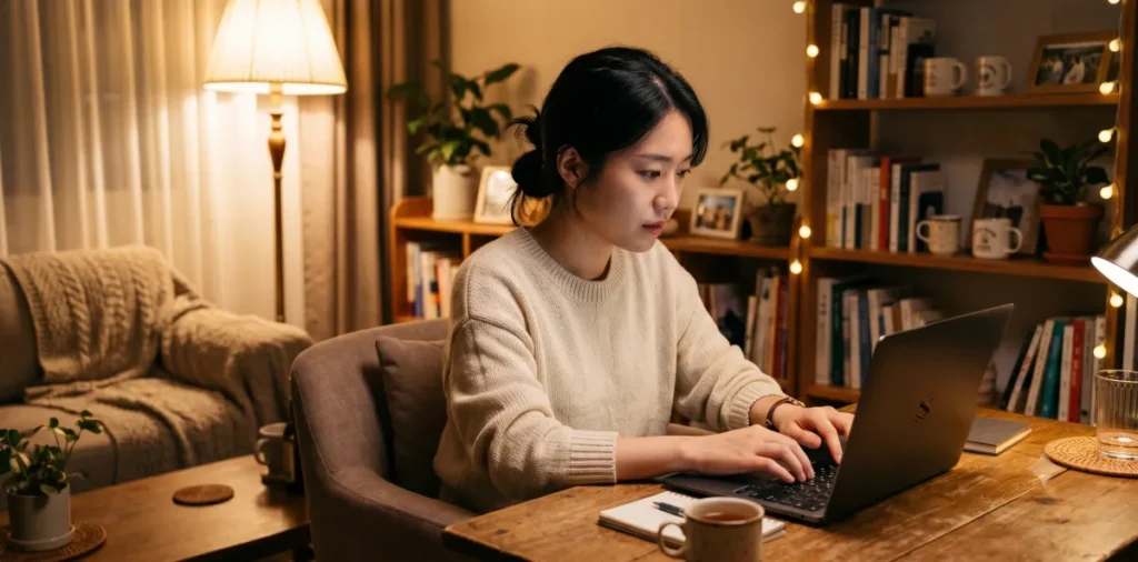 노트북을 켜고 개인워크아웃 원금 감면율 관련 정보를 집중해서 검색하고 있는 모습