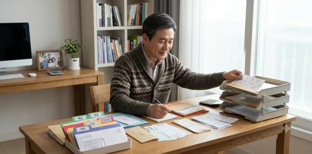 책상에 앉아서 개인워크아웃 원금 감면율 산정을 위해 고지서를 세심하게 살피는 장면