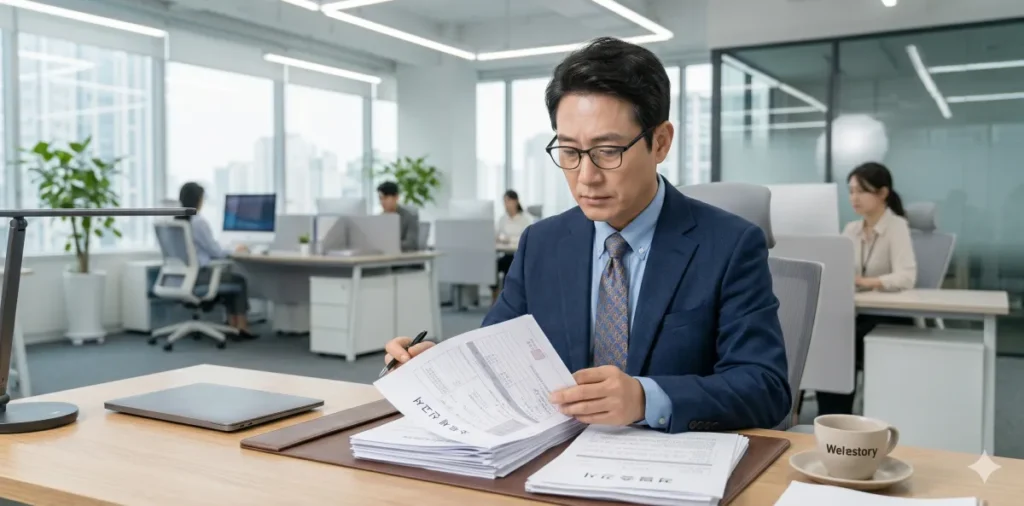 새출발기금 재산 변동 사유 발생 시 필요 서류를 꼼꼼하게 책상에서 적는 모습