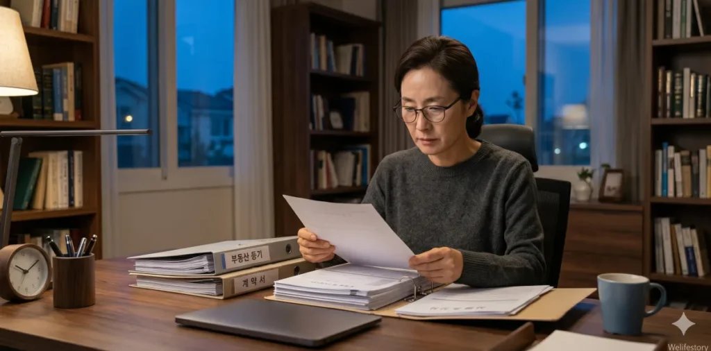 새출발기금 자산 상속 관련 복잡한 법적 소유권 이전 증명 문서를 정리하는 모습