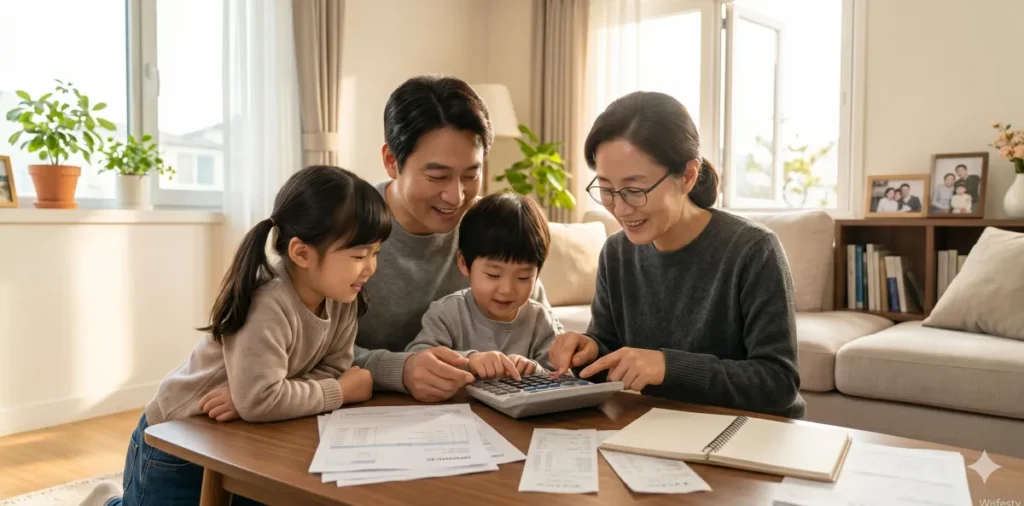 새출발기금 승인 취소 방어를 위해 가족이 함께 모여 자산 가액을 계산하는 모습