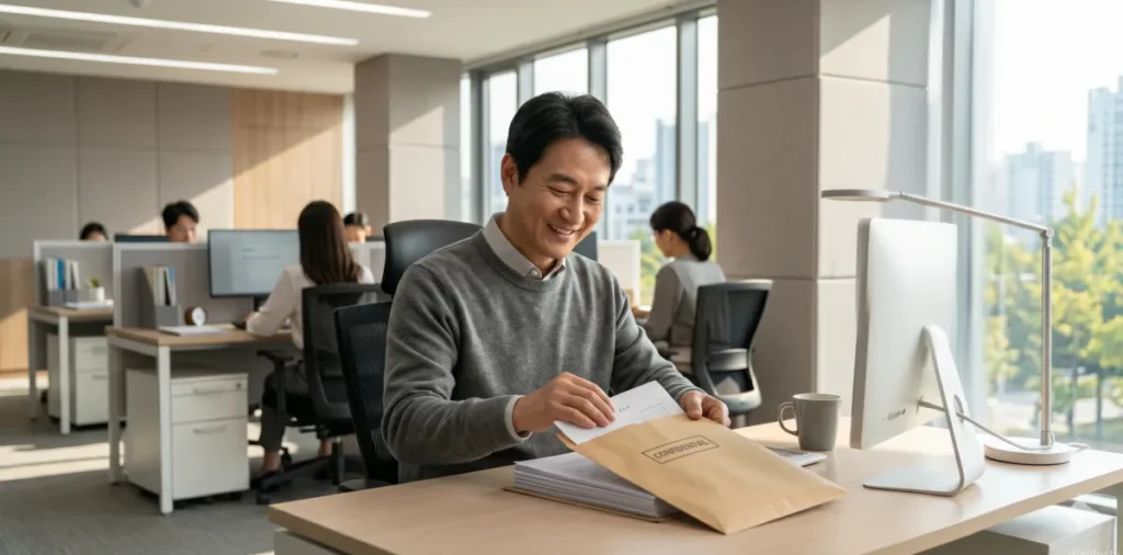 새출발기금 신청 후 소득 증가 및 자산 소명 서류를 봉투에 깔끔하게 담는 모습