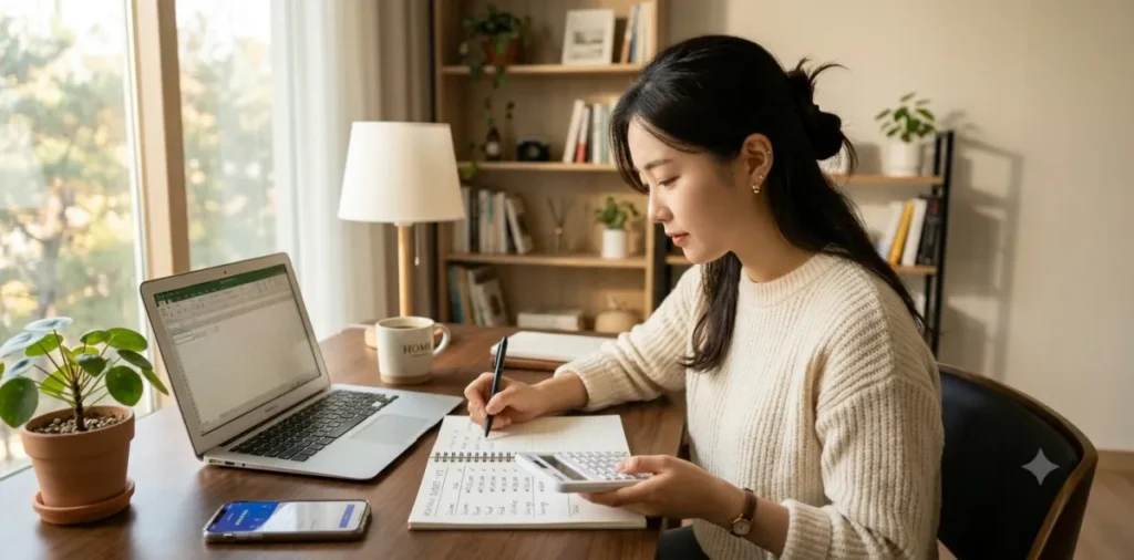 개인워크아웃 성실상환자 대출 자격을 확인하고 가계부로 납부금을 계산하는 여성 모습