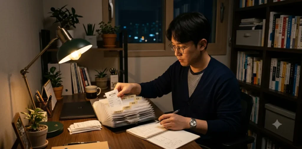 서민금융진흥원 소액대출 조건을 챙기며 각종 영수증을 차분하게 정리하는 남성